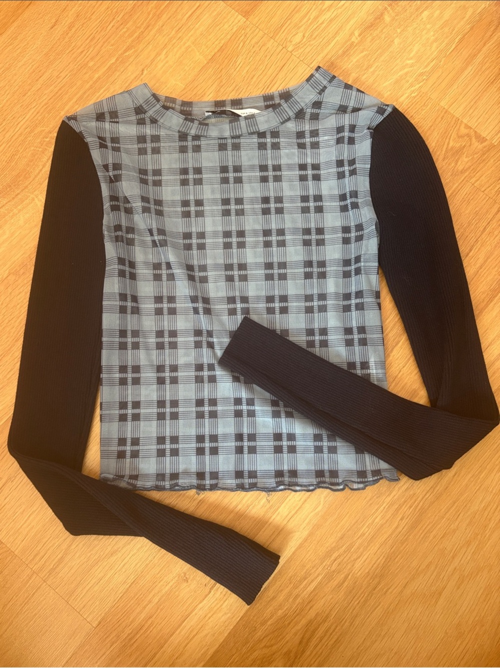 Plaid Panel Mesh Long Sleeve Top with Navy Sleeves